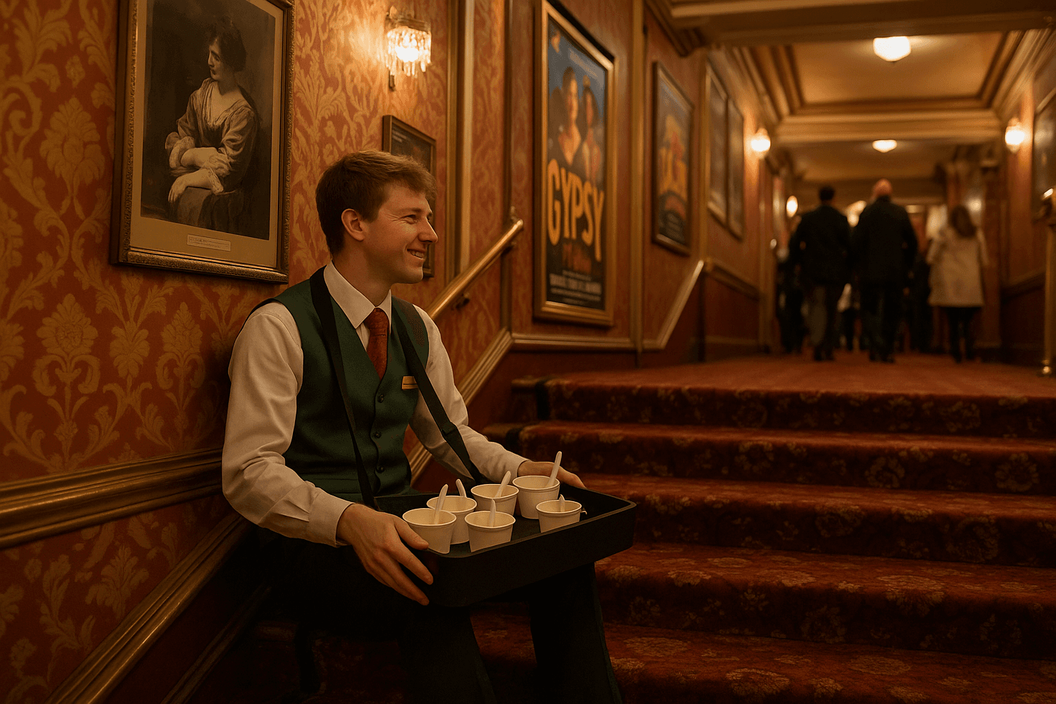 An usher selling ice creams in a lush theatre foyer